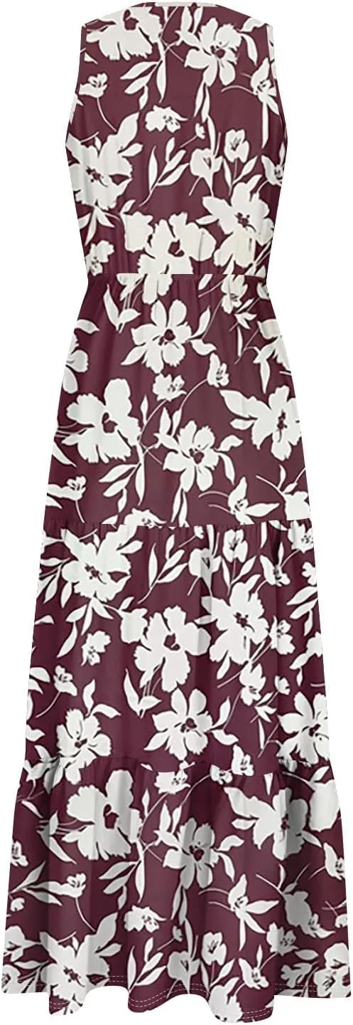Women's Summer Maxi Dress Casual Boho Floral V Neck Sleeve Ruffle Hem Beach Long Dresses