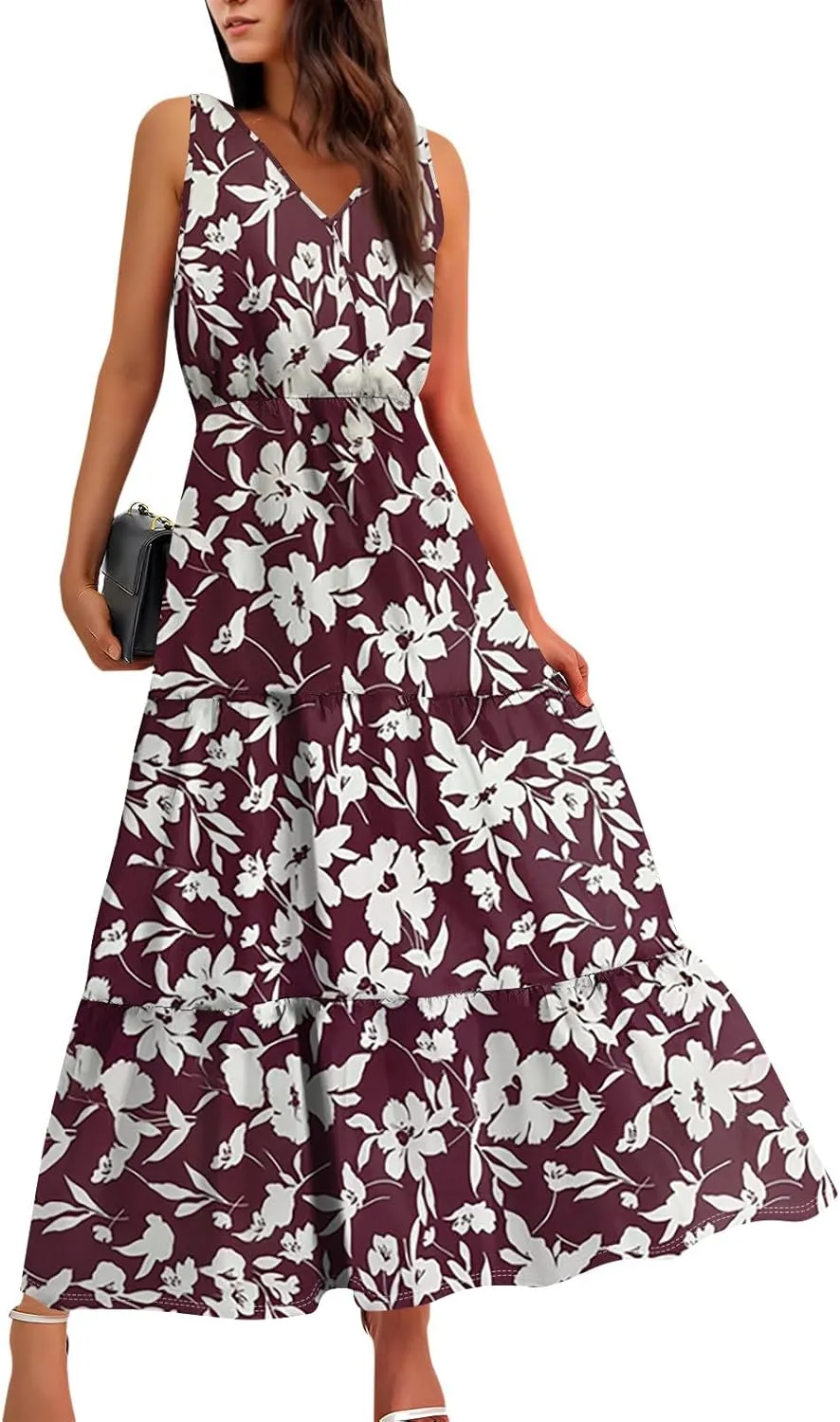 Women's Summer Maxi Dress Casual Boho Floral V Neck Sleeve Ruffle Hem Beach Long Dresses