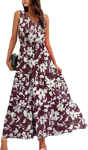 Women's Summer Maxi Dress Casual Boho Floral V Neck Sleeve Ruffle Hem Beach Long Dresses