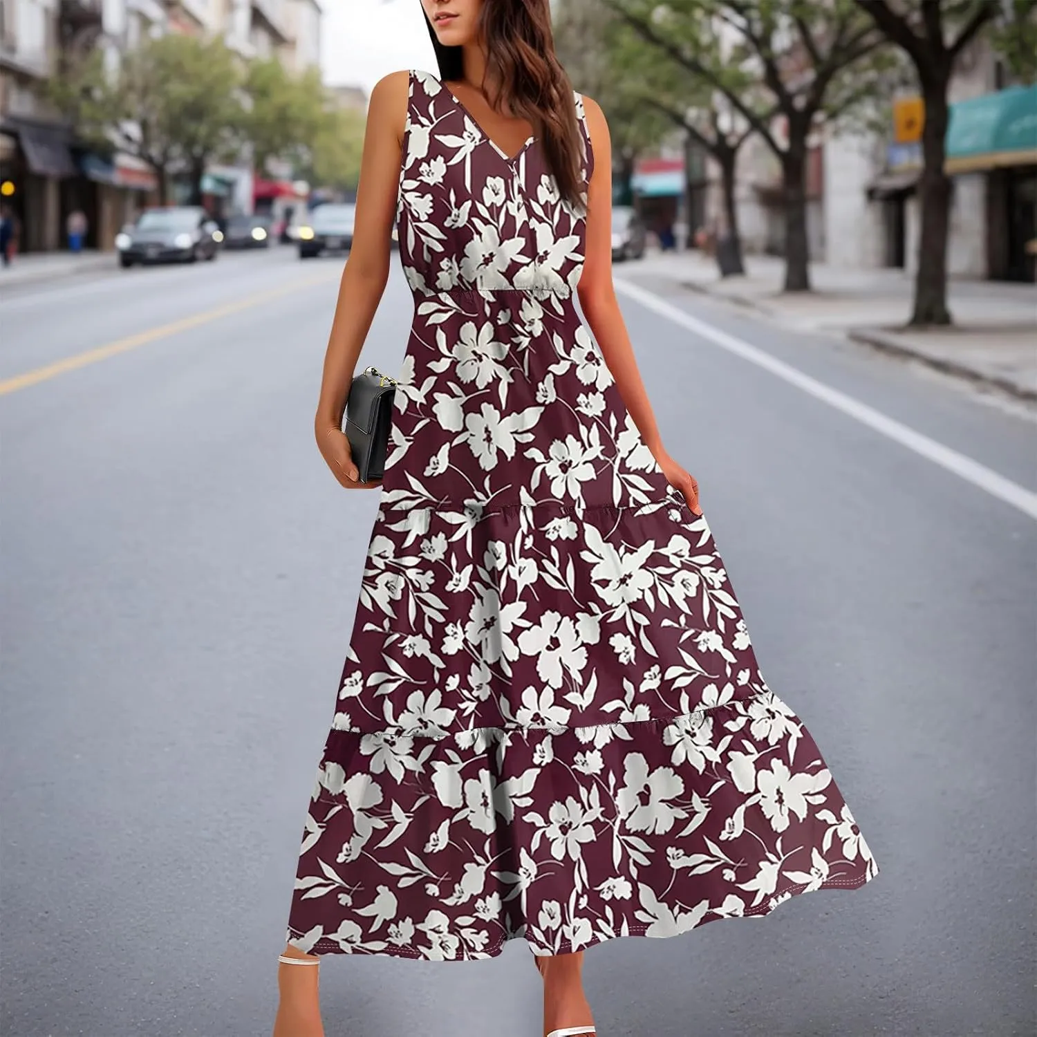 Women's Summer Maxi Dress Casual Boho Floral V Neck Sleeve Ruffle Hem Beach Long Dresses
