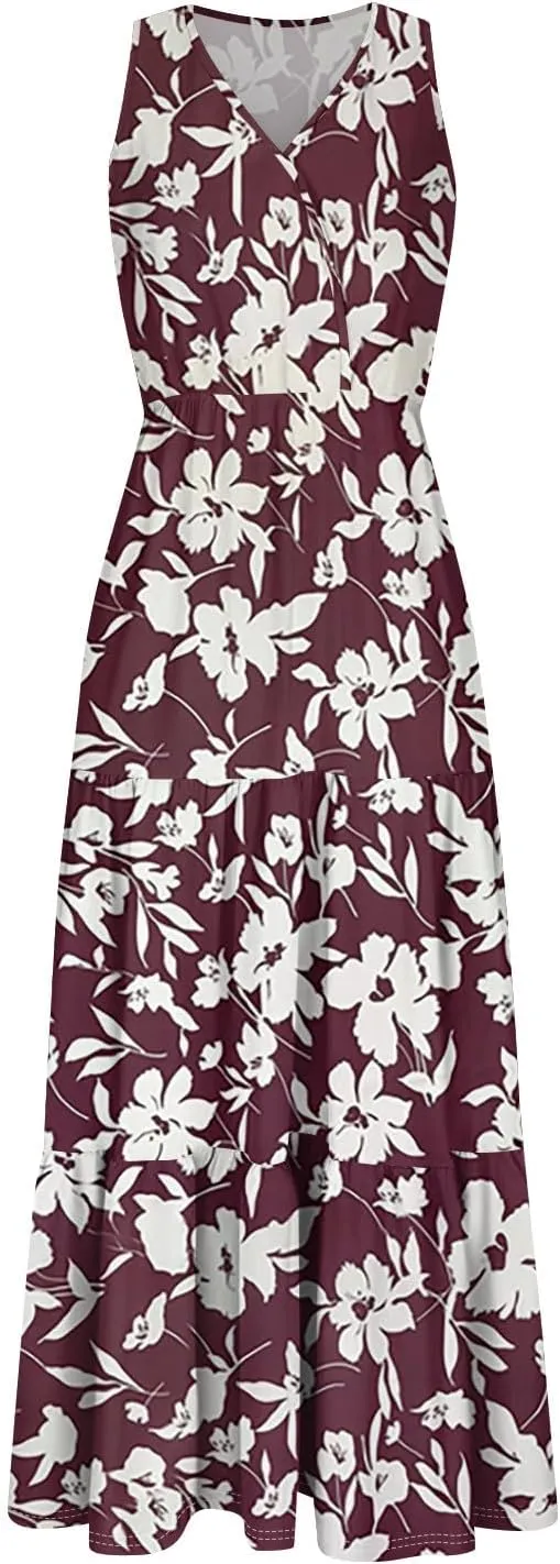 Women's Summer Maxi Dress Casual Boho Floral V Neck Sleeve Ruffle Hem Beach Long Dresses
