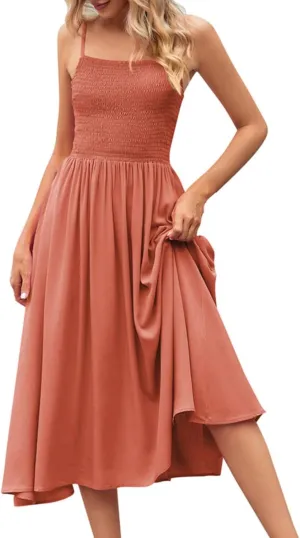 Women's Summer Maxi Dress Casual Boho Sleeveless Spaghetti Strap Smocked Tiered Long Beach Sun Dresses Vacation