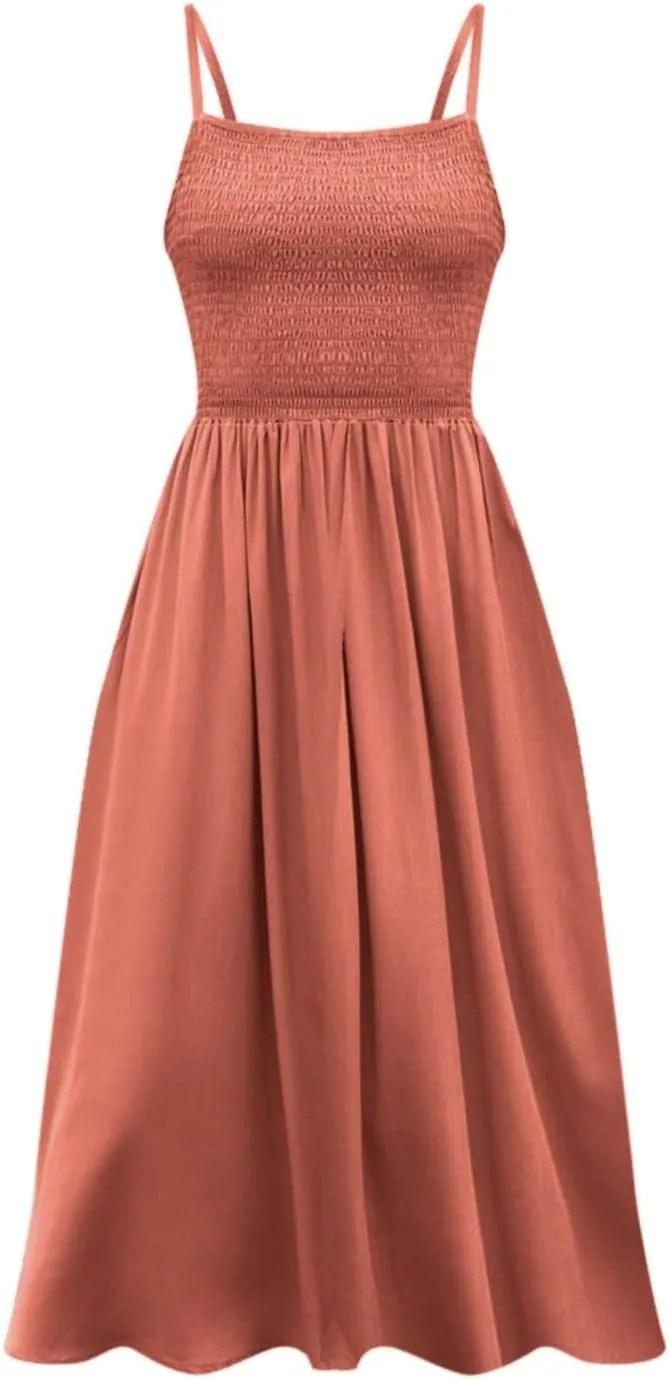 Women's Summer Maxi Dress Casual Boho Sleeveless Spaghetti Strap Smocked Tiered Long Beach Sun Dresses Vacation