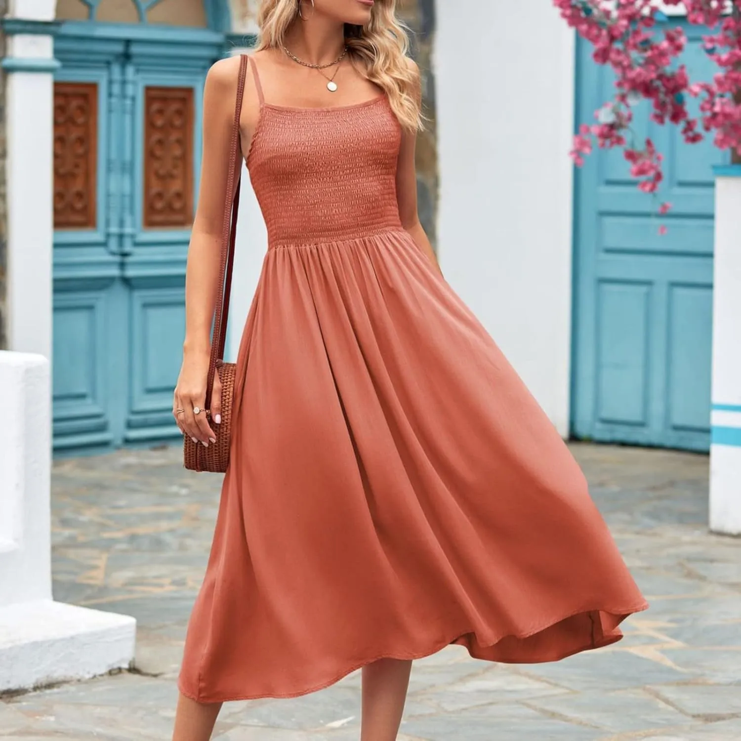 Women's Summer Maxi Dress Casual Boho Sleeveless Spaghetti Strap Smocked Tiered Long Beach Sun Dresses Vacation