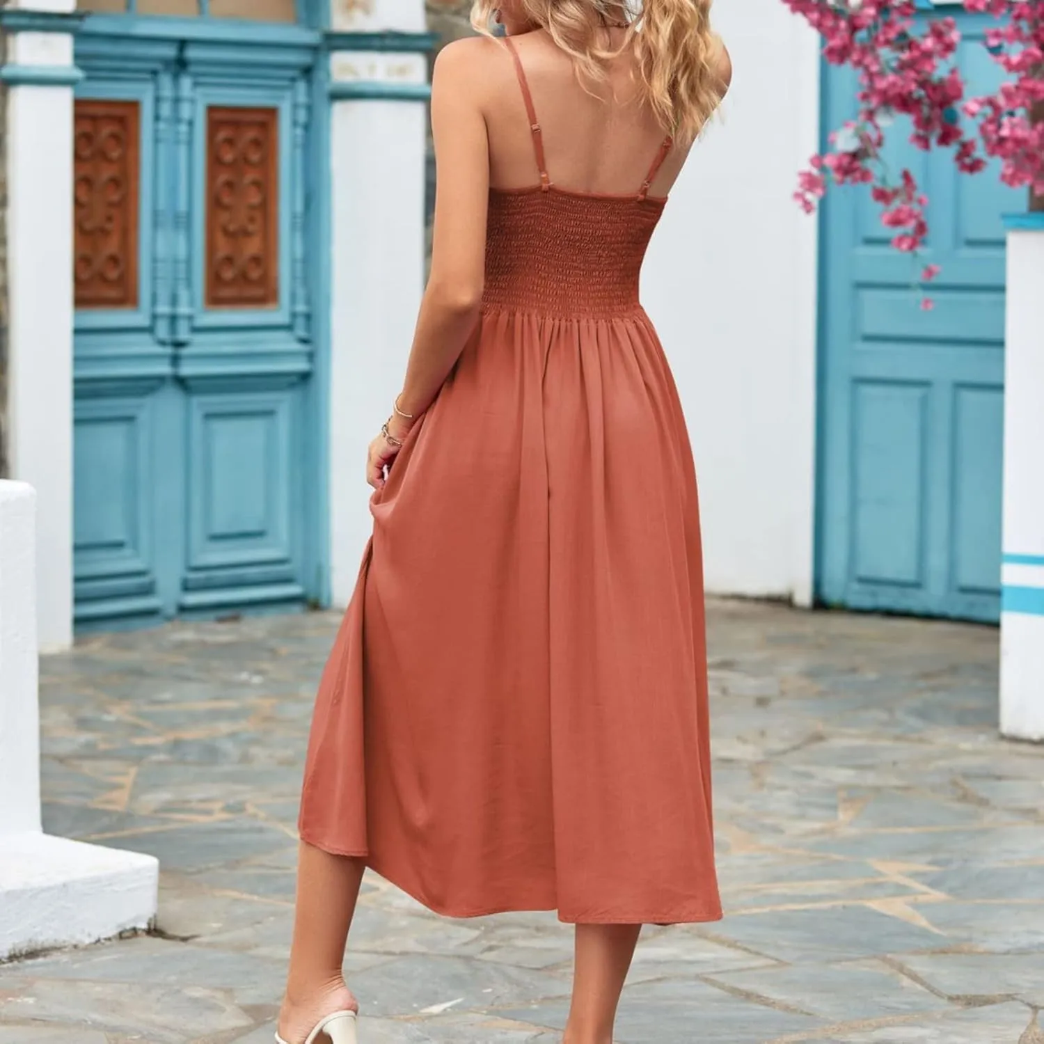 Women's Summer Maxi Dress Casual Boho Sleeveless Spaghetti Strap Smocked Tiered Long Beach Sun Dresses Vacation