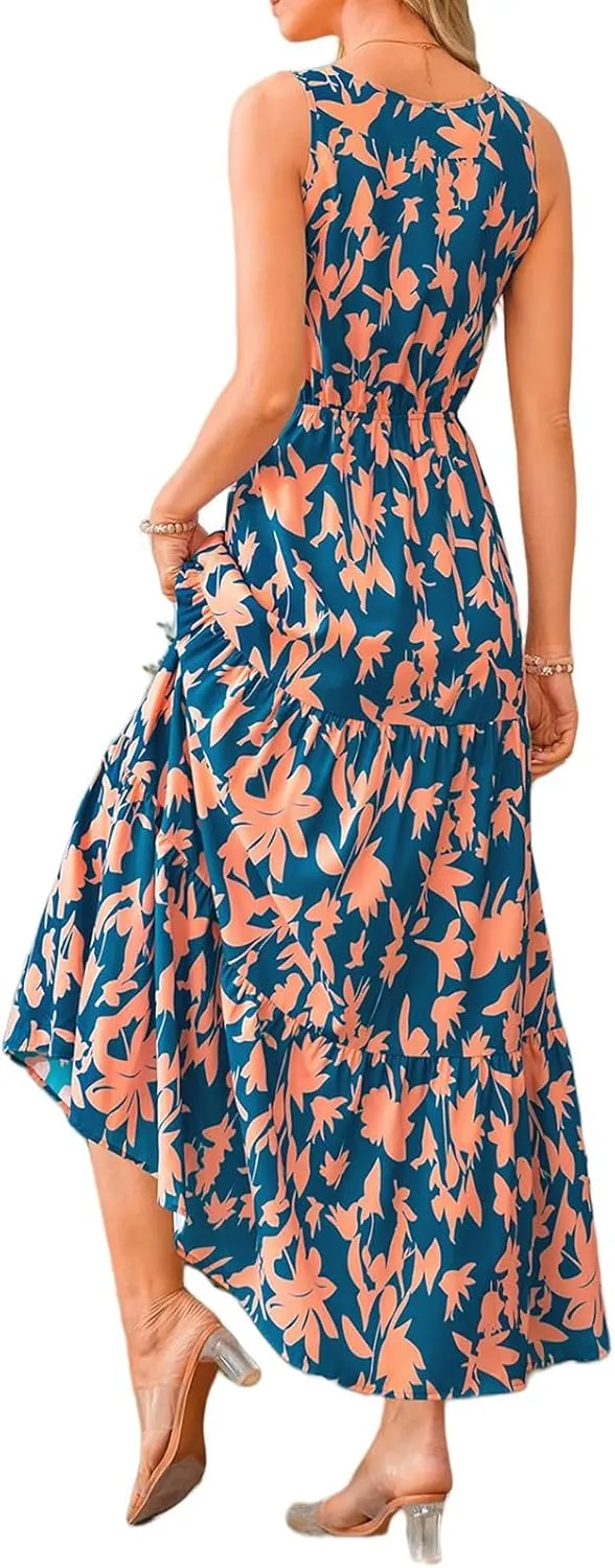 Womens Summer Maxi Dress Casual Flowy Sleeveless Sundress Boho Floral V Neck Long Dresses Beach Long Dress