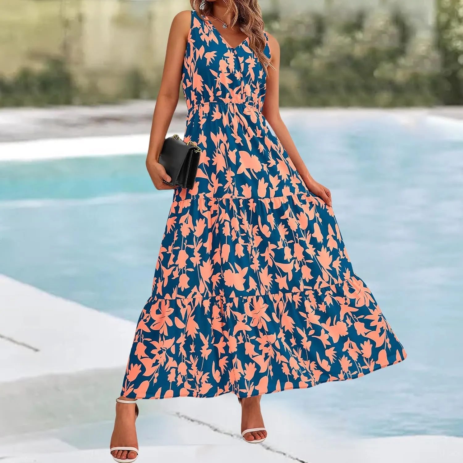 Womens Summer Maxi Dress Casual Flowy Sleeveless Sundress Boho Floral V Neck Long Dresses Beach Long Dress