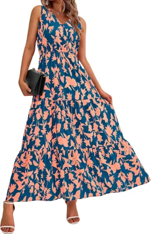 Womens Summer Maxi Dress Casual Flowy Sleeveless Sundress Boho Floral V Neck Long Dresses Beach Long Dress
