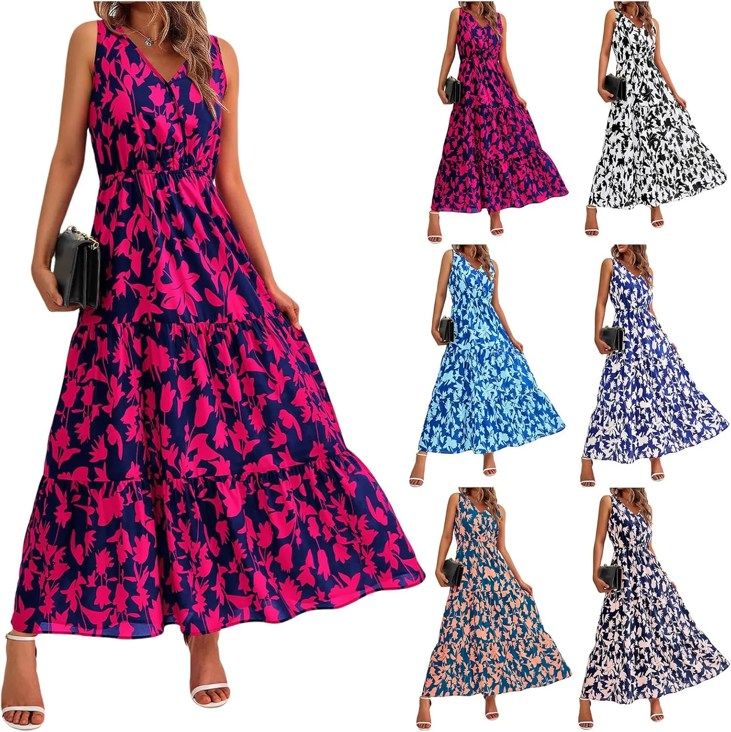 Womens Summer Maxi Dress Casual Flowy Sleeveless Sundress Boho Floral V Neck Long Dresses Beach Long Dress