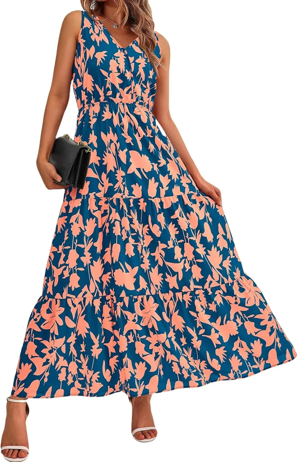 Womens Summer Maxi Dress Casual Flowy Sleeveless Sundress Boho Floral V Neck Long Dresses Beach Long Dress