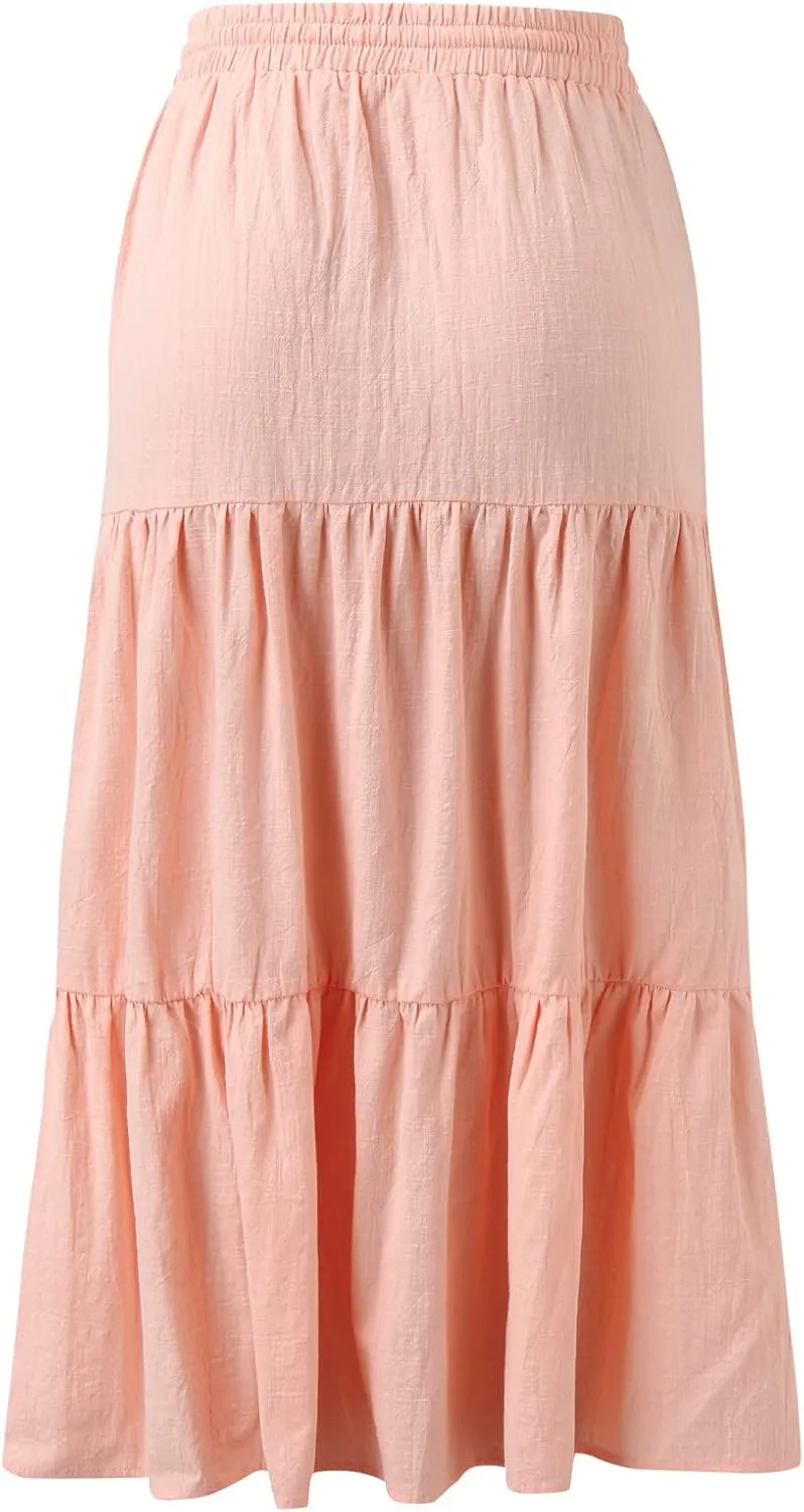 Women's Summer Maxi Skirts Womens A Line Midi Skirt Elastic Waist Front Button Casual Skirts Ruffle Layered High