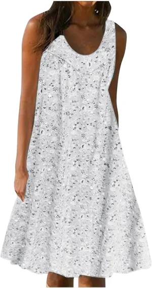 Women's Summer Mini Dress Trendy Floral Printed A Line Tank Dress Sleeveless Scoop Neck Bohemian Sundress with Pocket