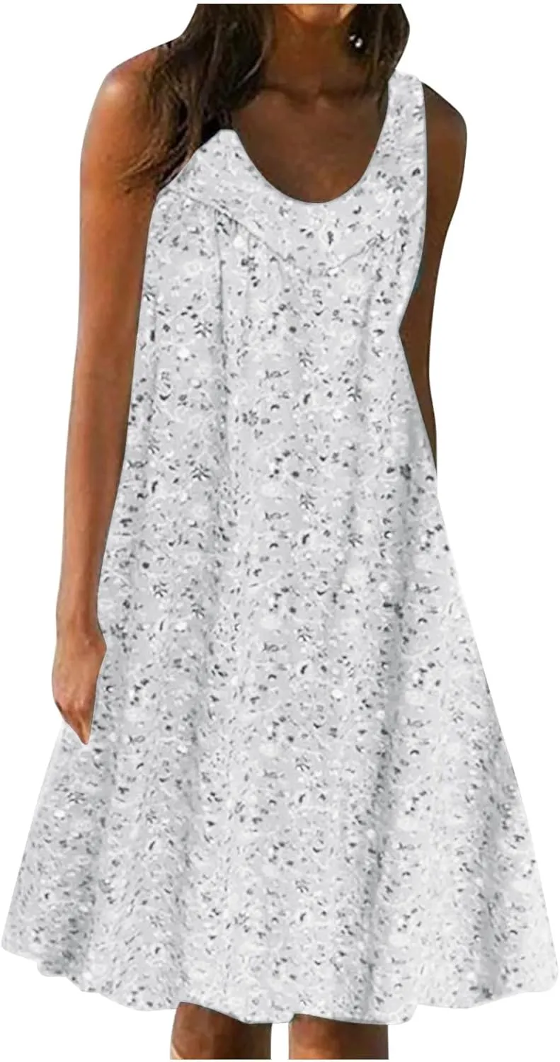 Women's Summer Mini Dress Trendy Floral Printed A Line Tank Dress Sleeveless Scoop Neck Bohemian Sundress with Pocket
