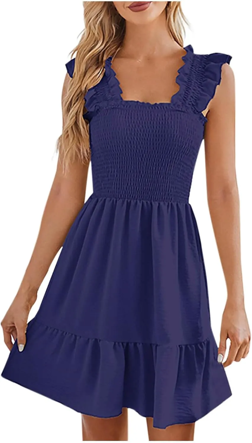 Women's Summer Mini Dresses Square Neck Smocked Boho Dress Ruffle Sleeveless Flowy Cute Casual A-Line Beach Sundress