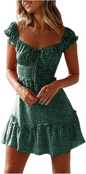 Women's Summer Ruffle Sleeve Sweetheart Neckline Printing Dresses Boho Beach Vacation Mini Dress Short Sundresses