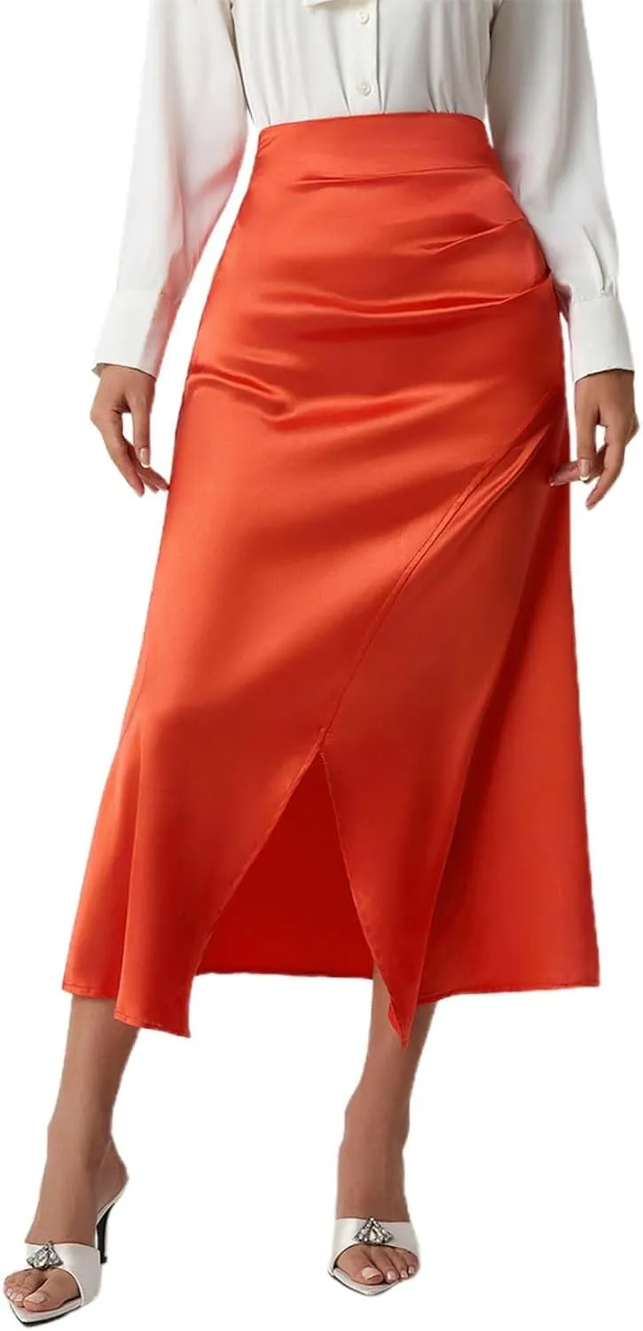 Womens Summer Skirt 2025 Silk Elegant High Waist Cocktail Party Wedding Split Midi Skirt Satin Maxi Skirts