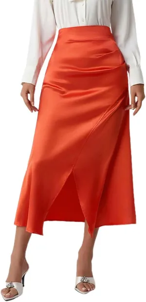 Womens Summer Skirt 2025 Silk Elegant High Waist Cocktail Party Wedding Split Midi Skirt Satin Maxi Skirts