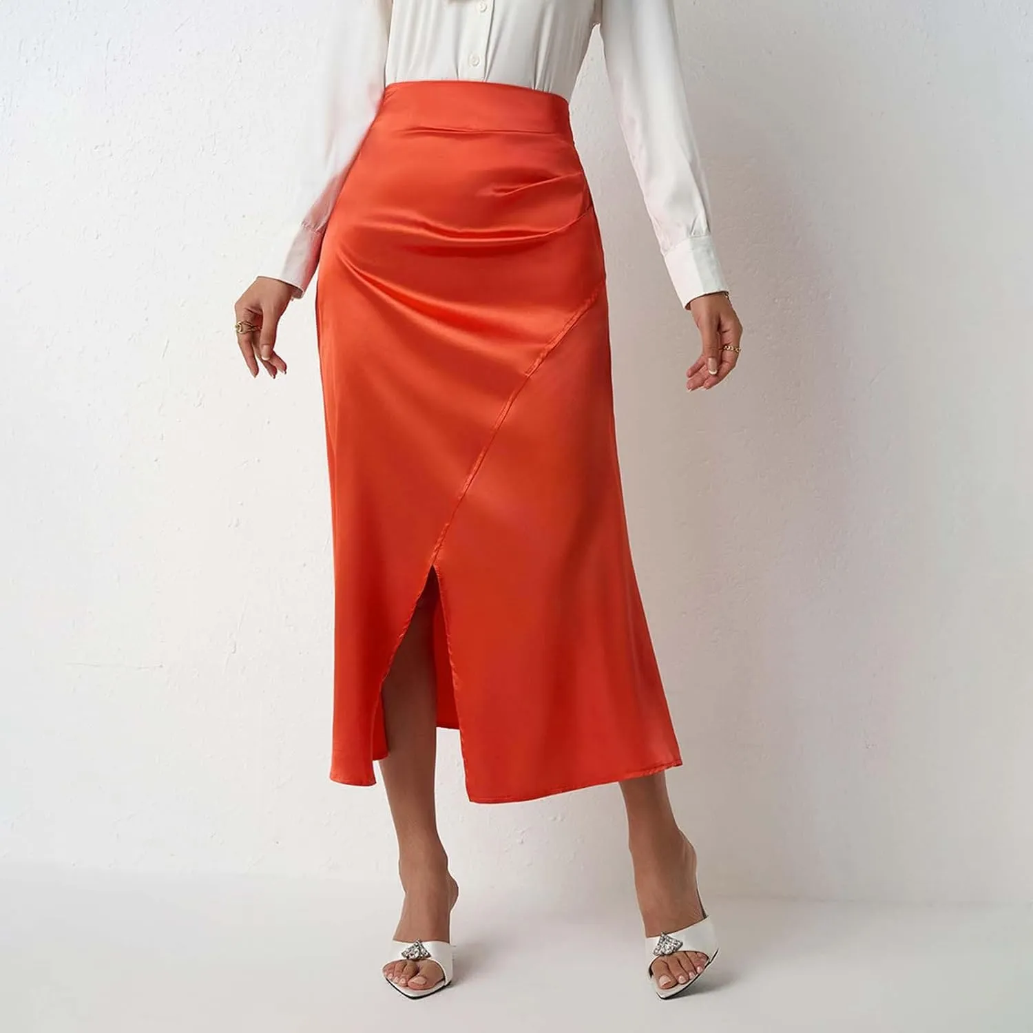 Womens Summer Skirt 2025 Silk Elegant High Waist Cocktail Party Wedding Split Midi Skirt Satin Maxi Skirts