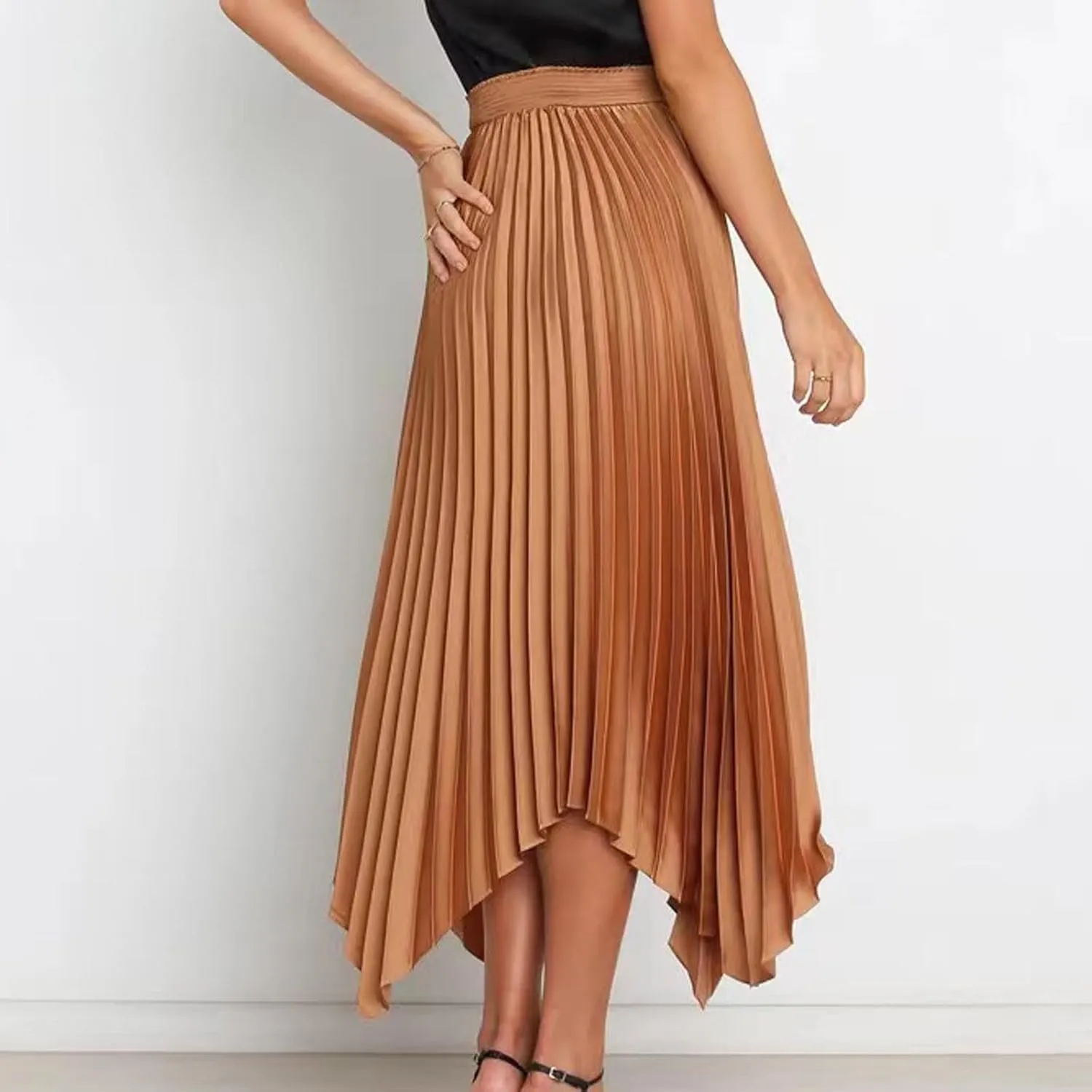 Women's Summer Skirt Solid Color High Waist Pleated A Line Swing Skirts Casual Fashion Irregular Hem Swing Skorts