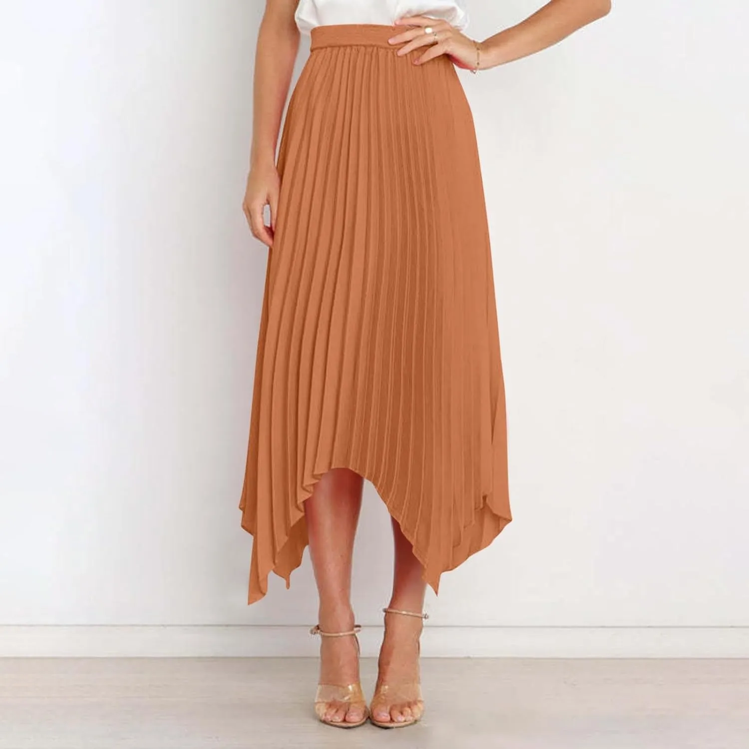 Women's Summer Skirt Solid Color High Waist Pleated A Line Swing Skirts Casual Fashion Irregular Hem Swing Skorts