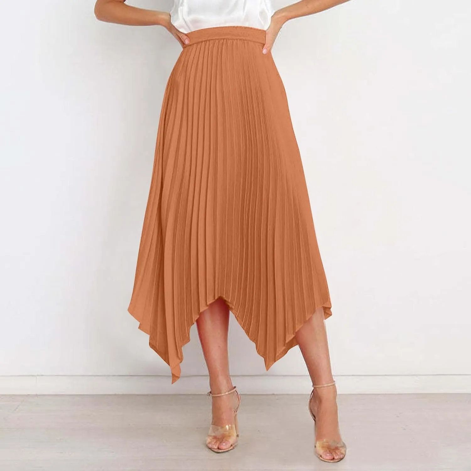 Women's Summer Skirt Solid Color High Waist Pleated A Line Swing Skirts Casual Fashion Irregular Hem Swing Skorts