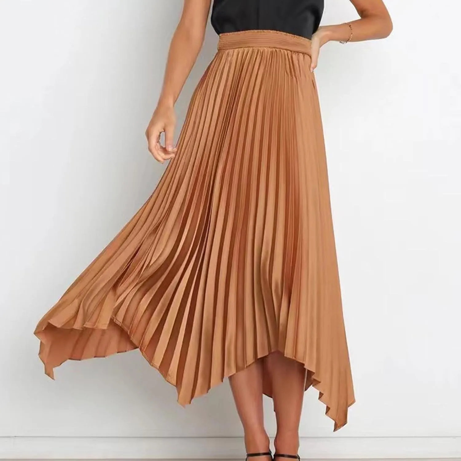 Women's Summer Skirt Solid Color High Waist Pleated A Line Swing Skirts Casual Fashion Irregular Hem Swing Skorts