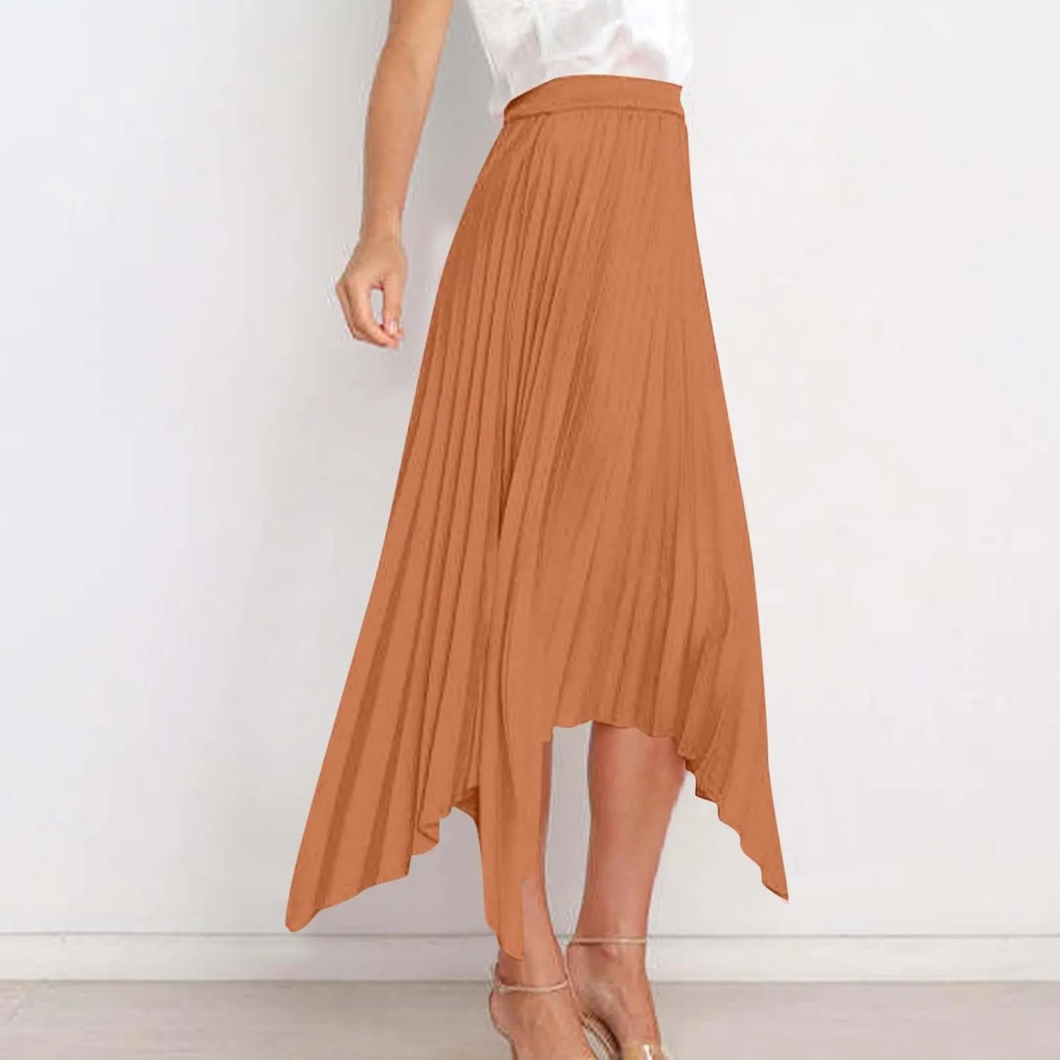 Women's Summer Skirt Solid Color High Waist Pleated A Line Swing Skirts Casual Fashion Irregular Hem Swing Skorts