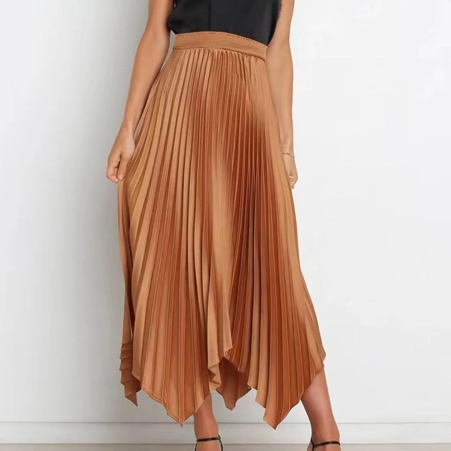 Women's Summer Skirt Solid Color High Waist Pleated A Line Swing Skirts Casual Fashion Irregular Hem Swing Skorts
