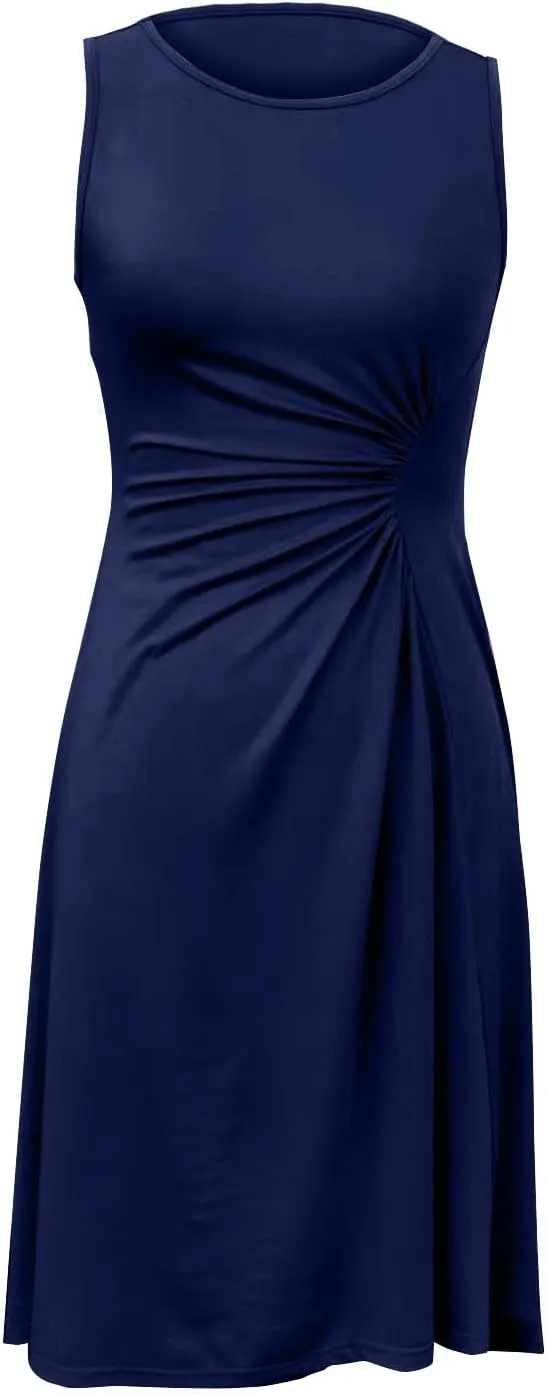 Women's Summer Sleeveless Dresses Ruched Waist Crew Neck A Line High Midi Flowy Dressy Casual Cocktail Party Dress