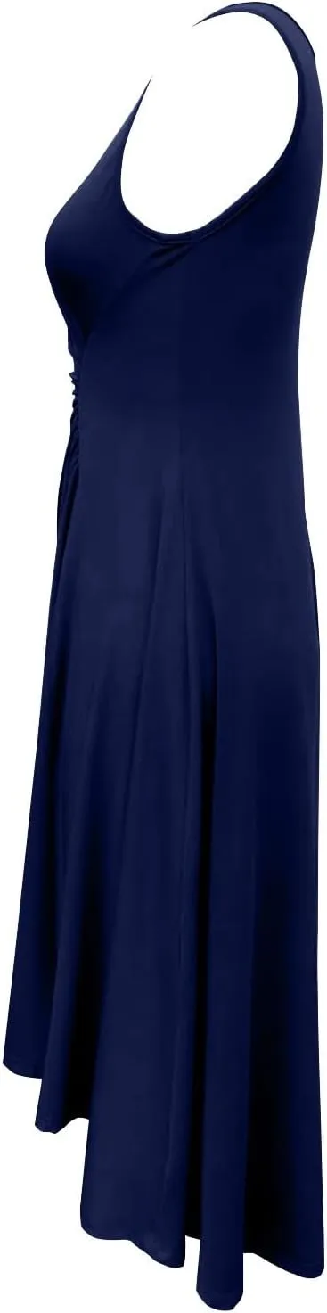 Women's Summer Sleeveless Dresses Ruched Waist Crew Neck A Line High Midi Flowy Dressy Casual Cocktail Party Dress
