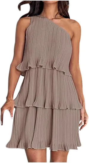 Women's Summer Sleeveless Mini Dress Boho One Shoulder Ruffle Tiered Layered Short Sundress Flowy Casual A Line Dress