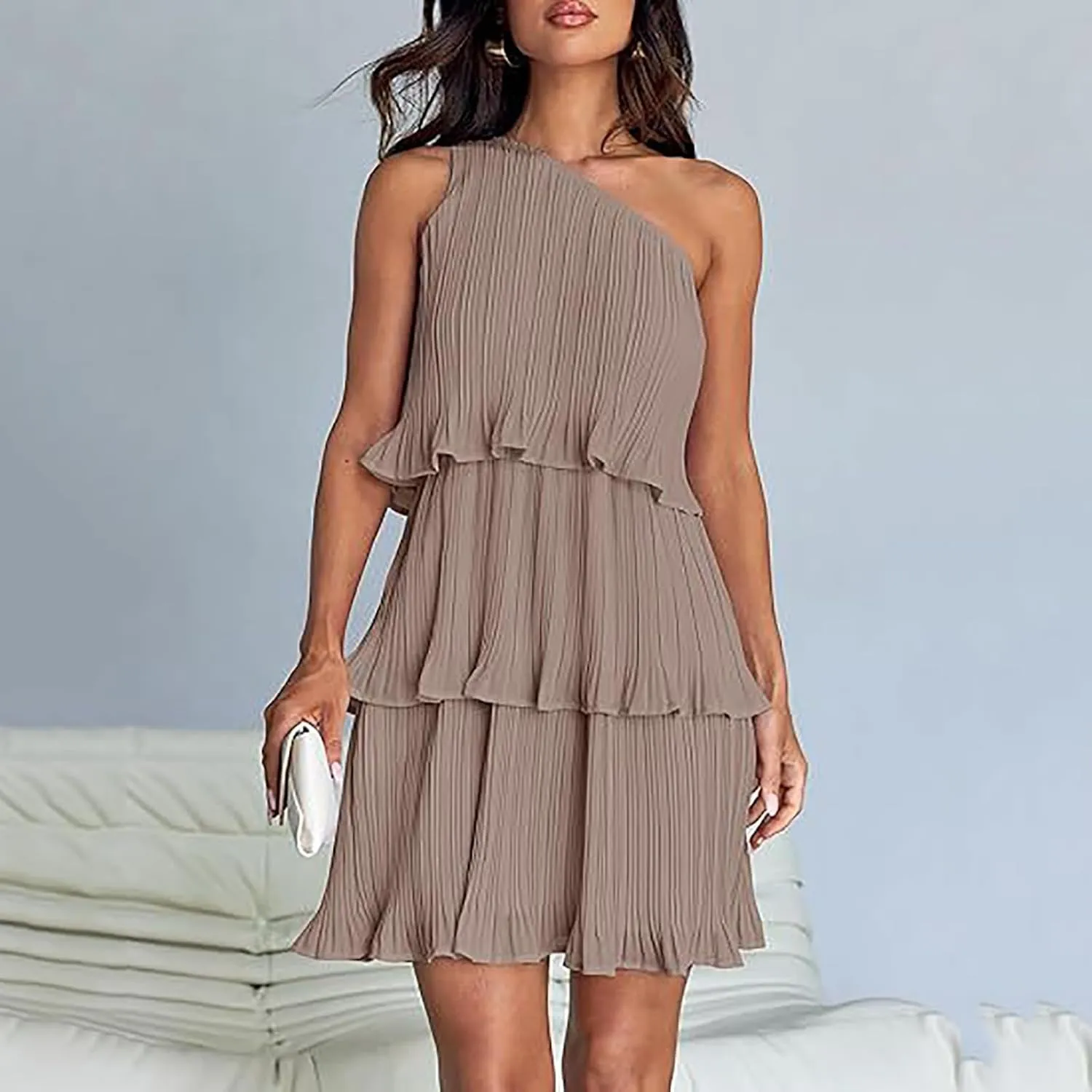 Women's Summer Sleeveless Mini Dress Boho One Shoulder Ruffle Tiered Layered Short Sundress Flowy Casual A Line Dress