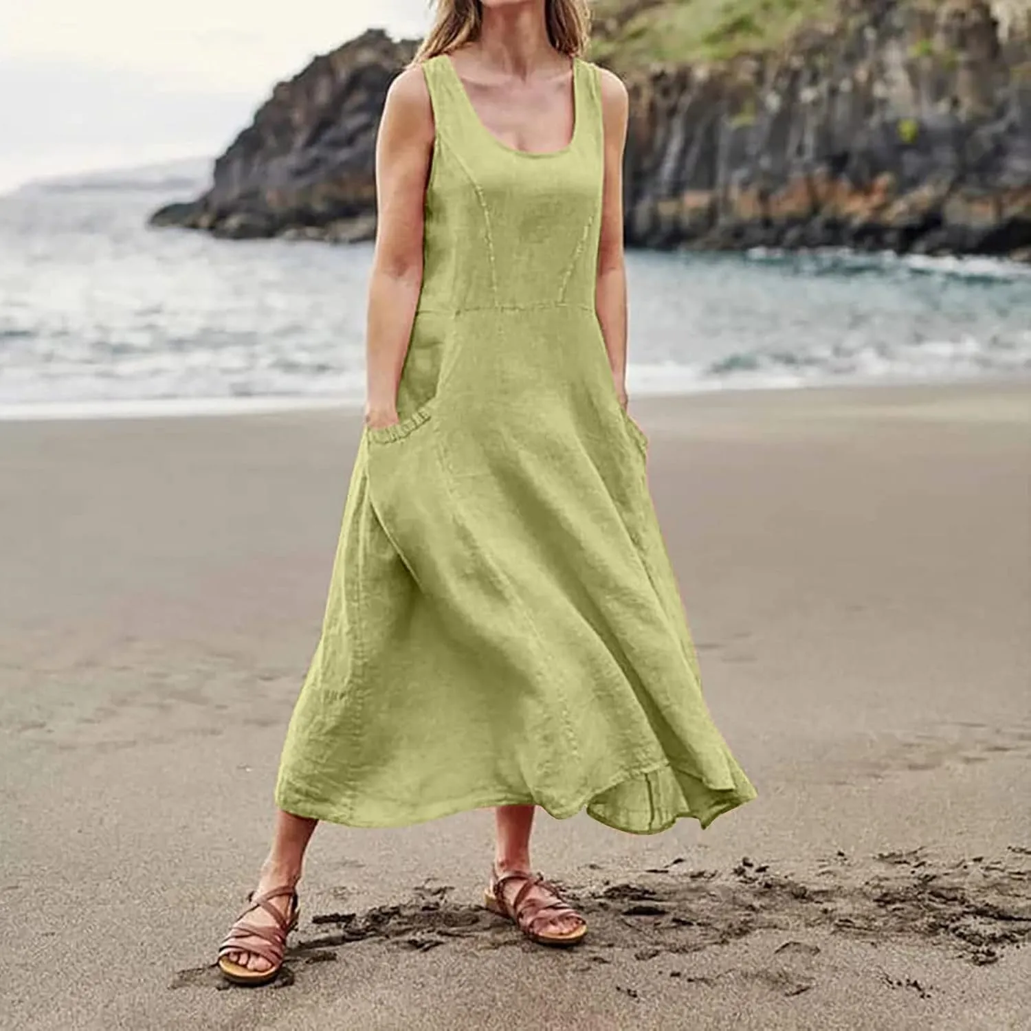 Womens Summer Tank Dresses Casual Beach Floral Sleeveless Linen or Cotton Maxi Dress Travel Outfits Sundress