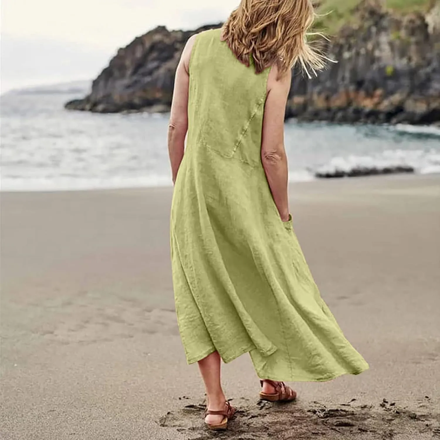 Womens Summer Tank Dresses Casual Beach Floral Sleeveless Linen or Cotton Maxi Dress Travel Outfits Sundress