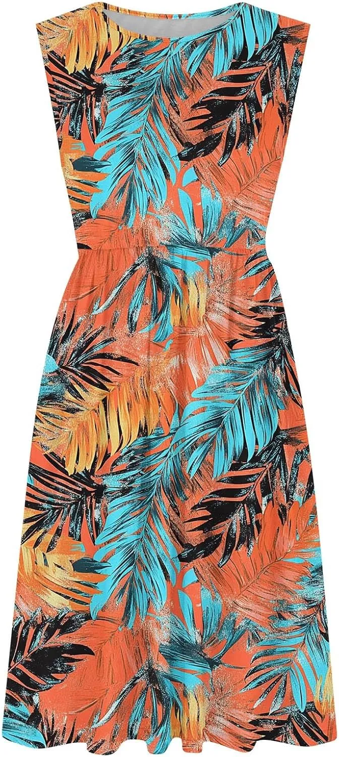 Women's Summer Tank Midi Dress with Pockets, Sleeveless A-Line Sun Dresses Casual T-Shirt Dress Flowy Beach Sundress
