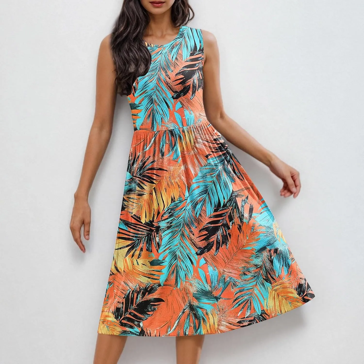 Women's Summer Tank Midi Dress with Pockets, Sleeveless A-Line Sun Dresses Casual T-Shirt Dress Flowy Beach Sundress
