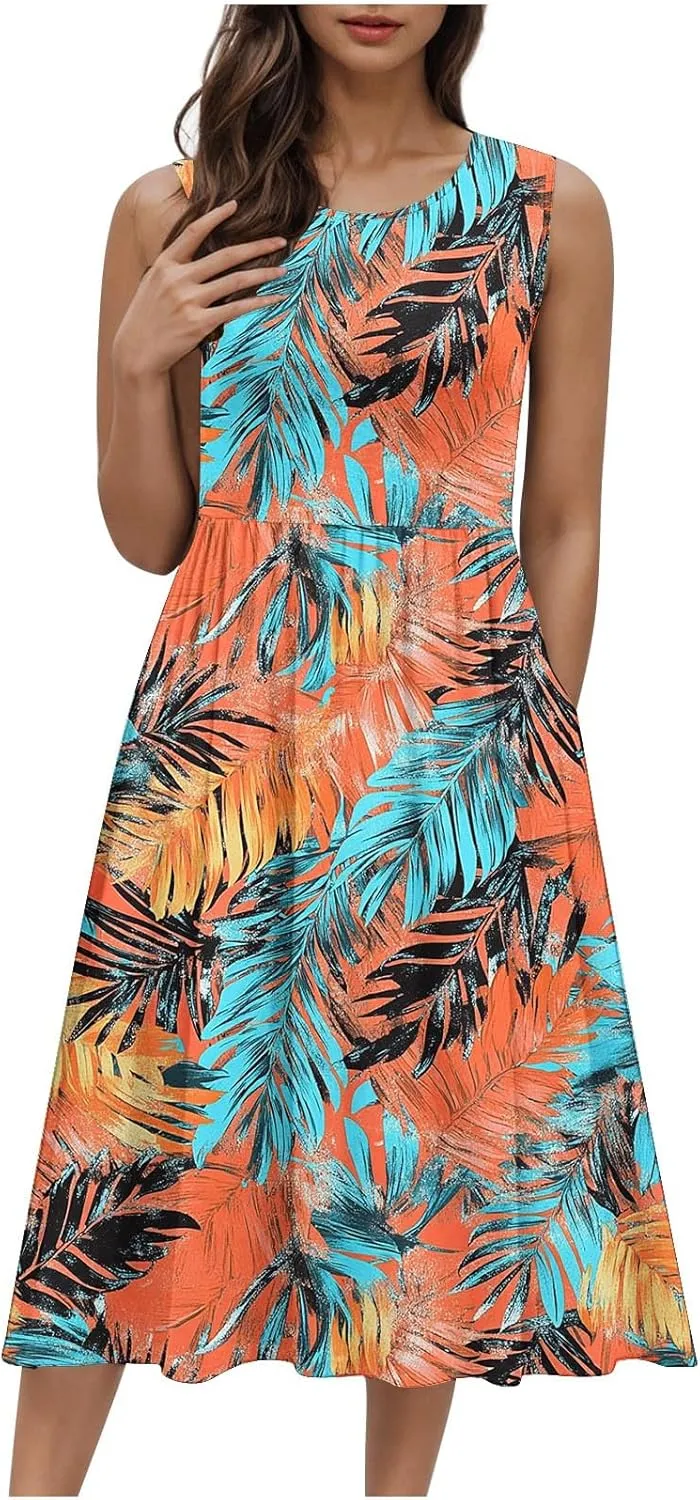 Women's Summer Tank Midi Dress with Pockets, Sleeveless A-Line Sun Dresses Casual T-Shirt Dress Flowy Beach Sundress