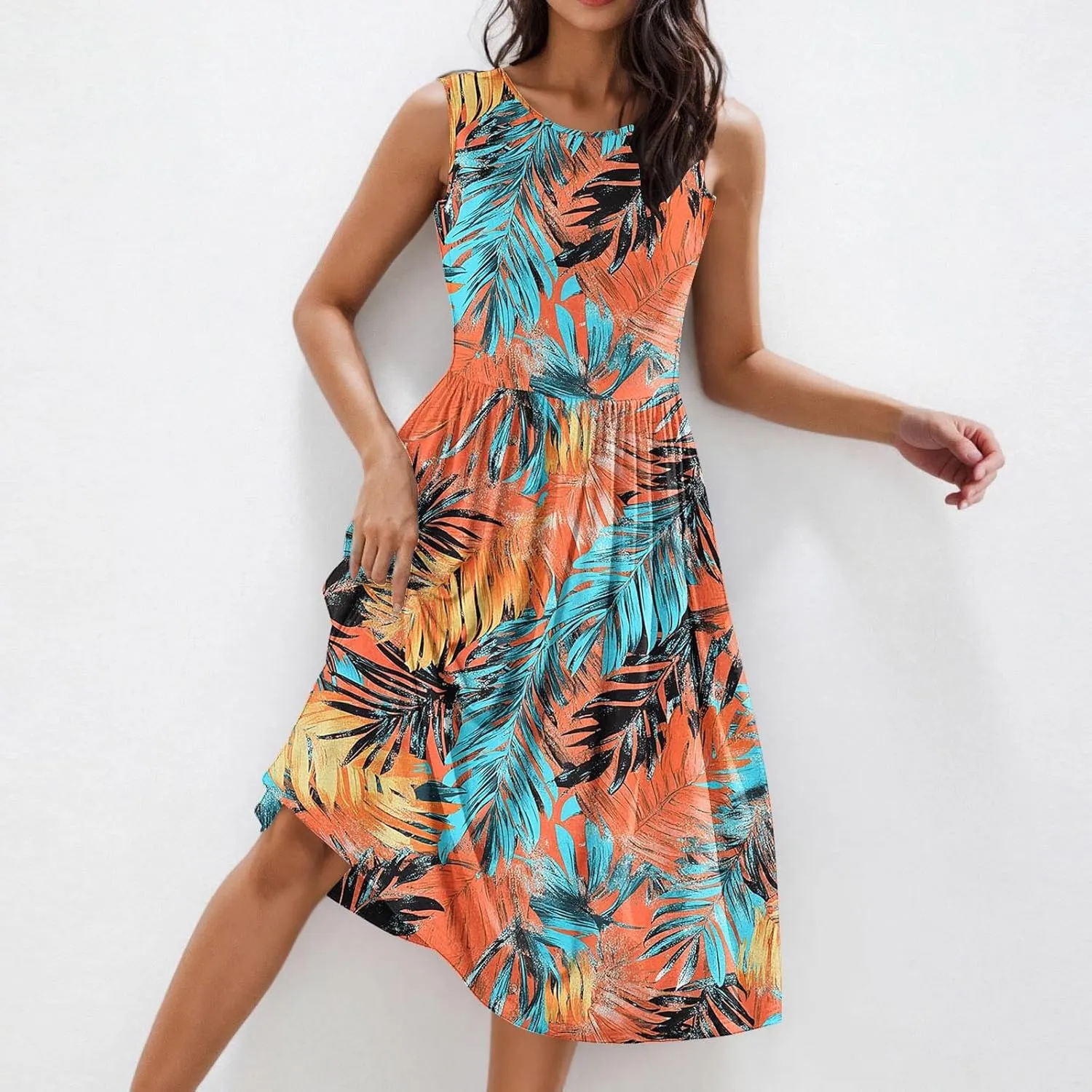 Women's Summer Tank Midi Dress with Pockets, Sleeveless A-Line Sun Dresses Casual T-Shirt Dress Flowy Beach Sundress