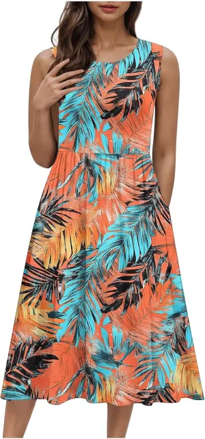Women's Summer Tank Midi Dress with Pockets, Sleeveless A-Line Sun Dresses Casual T-Shirt Dress Flowy Beach Sundress