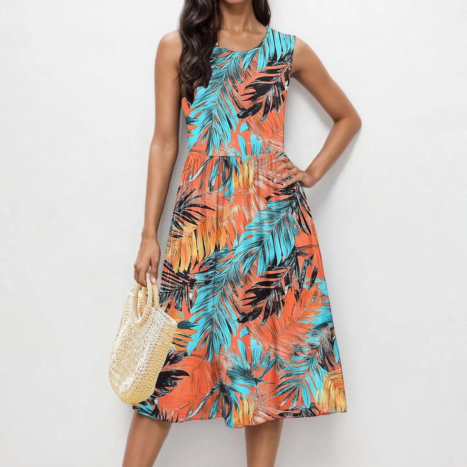 Women's Summer Tank Midi Dress with Pockets, Sleeveless A-Line Sun Dresses Casual T-Shirt Dress Flowy Beach Sundress