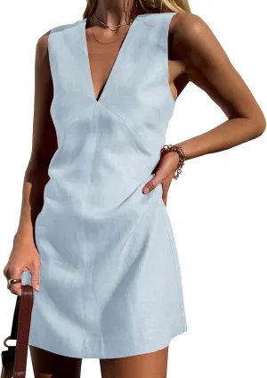 Womens Summer Vintage Dress Sleeveless Mini Dress Cotton Linen V Neck Short Sundress Beach Streetwear
