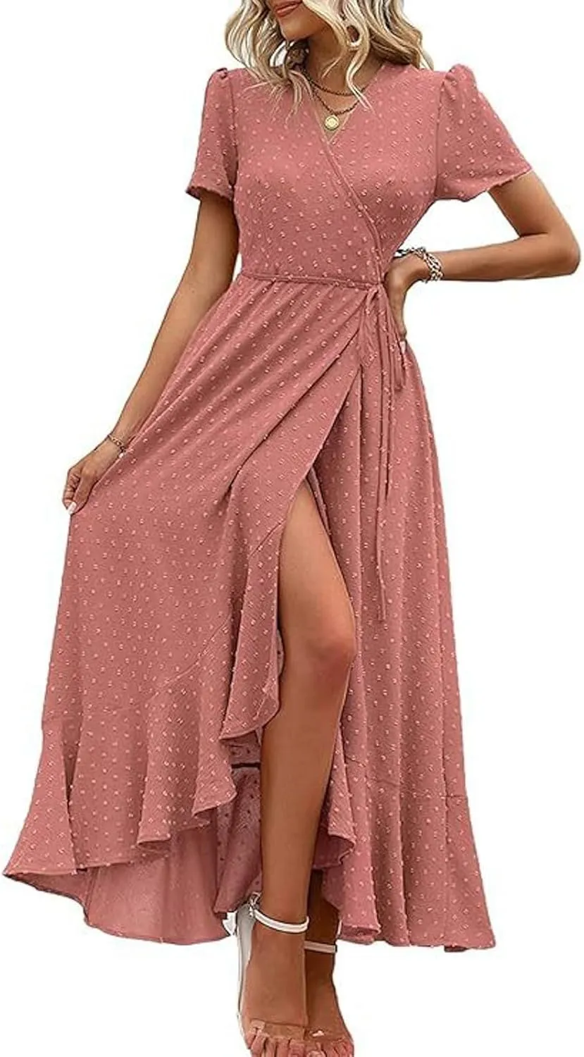 Women's Summer Wrap Maxi Dress Casual Boho Floral V Neck Short Sleeve Ruffle Hem Split Beach Long Dress Casual