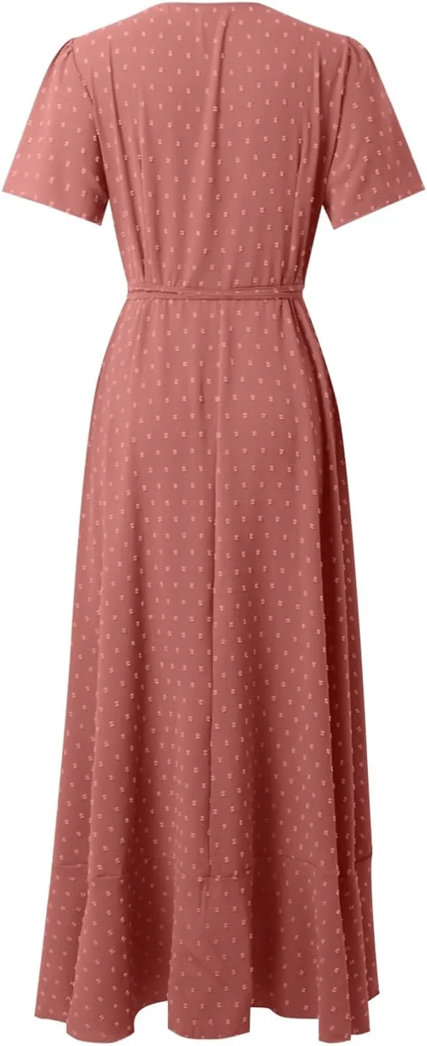 Women's Summer Wrap Maxi Dress Casual Boho Floral V Neck Short Sleeve Ruffle Hem Split Beach Long Dress Casual
