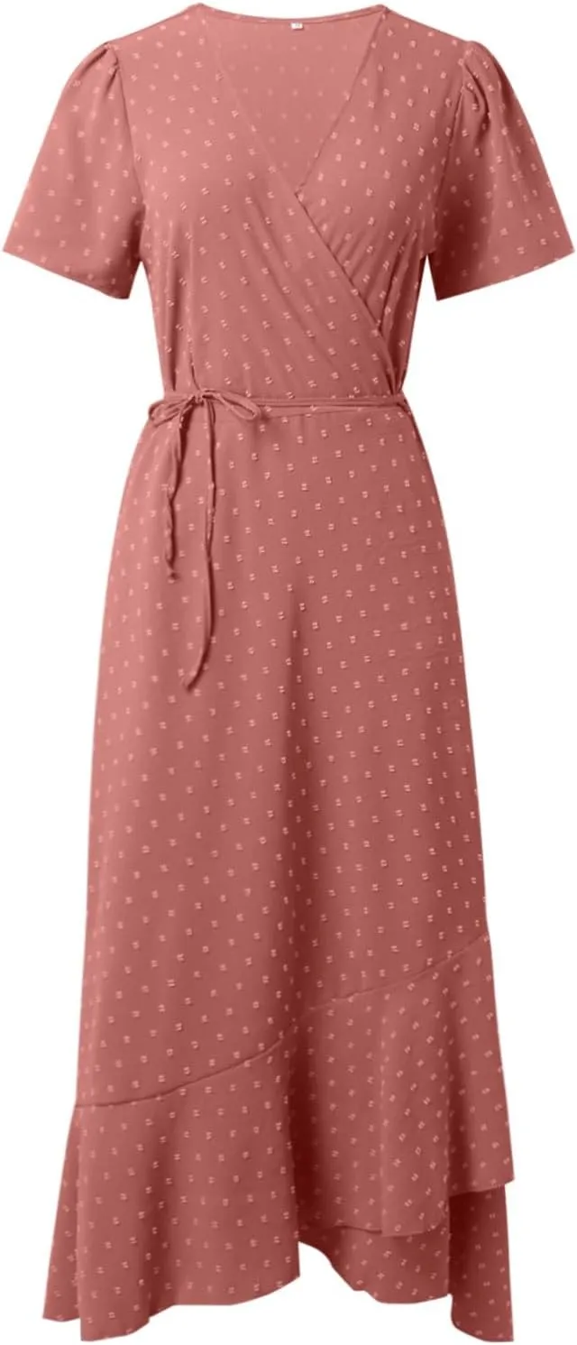 Women's Summer Wrap Maxi Dress Casual Boho Floral V Neck Short Sleeve Ruffle Hem Split Beach Long Dress Casual