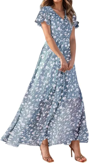 Women's Summer Wrap V Neck Long Maxi Dress Casual Boho Floral V Neck Short Sleeve Split Ladies Bohemian Dresses