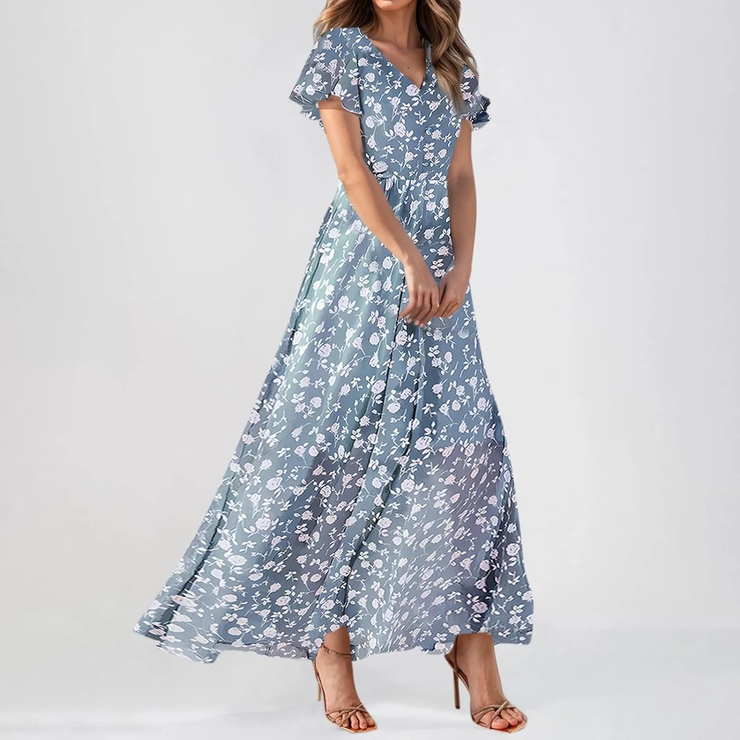 Women's Summer Wrap V Neck Long Maxi Dress Casual Boho Floral V Neck Short Sleeve Split Ladies Bohemian Dresses