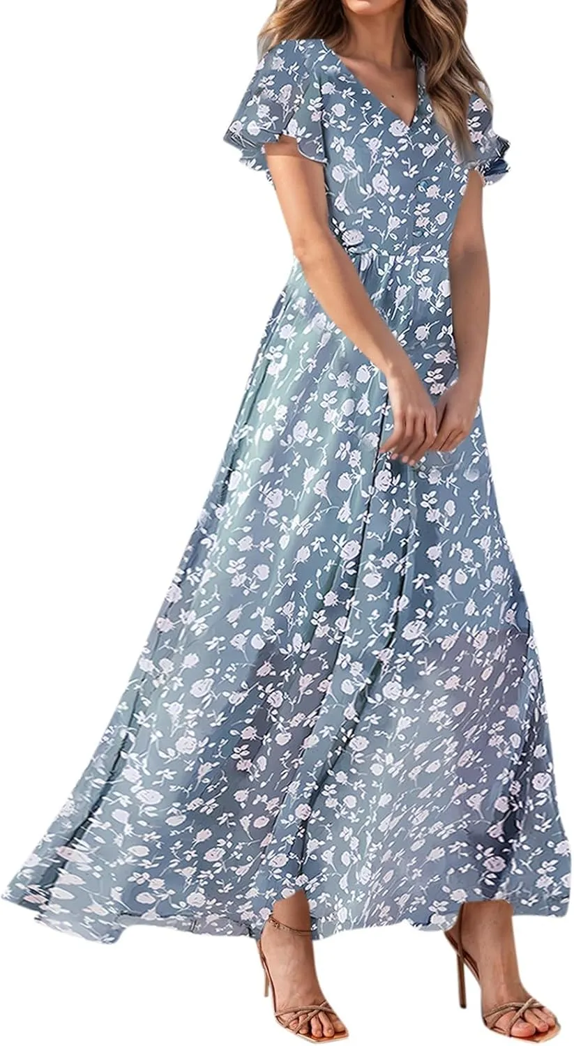 Women's Summer Wrap V Neck Long Maxi Dress Casual Boho Floral V Neck Short Sleeve Split Ladies Bohemian Dresses