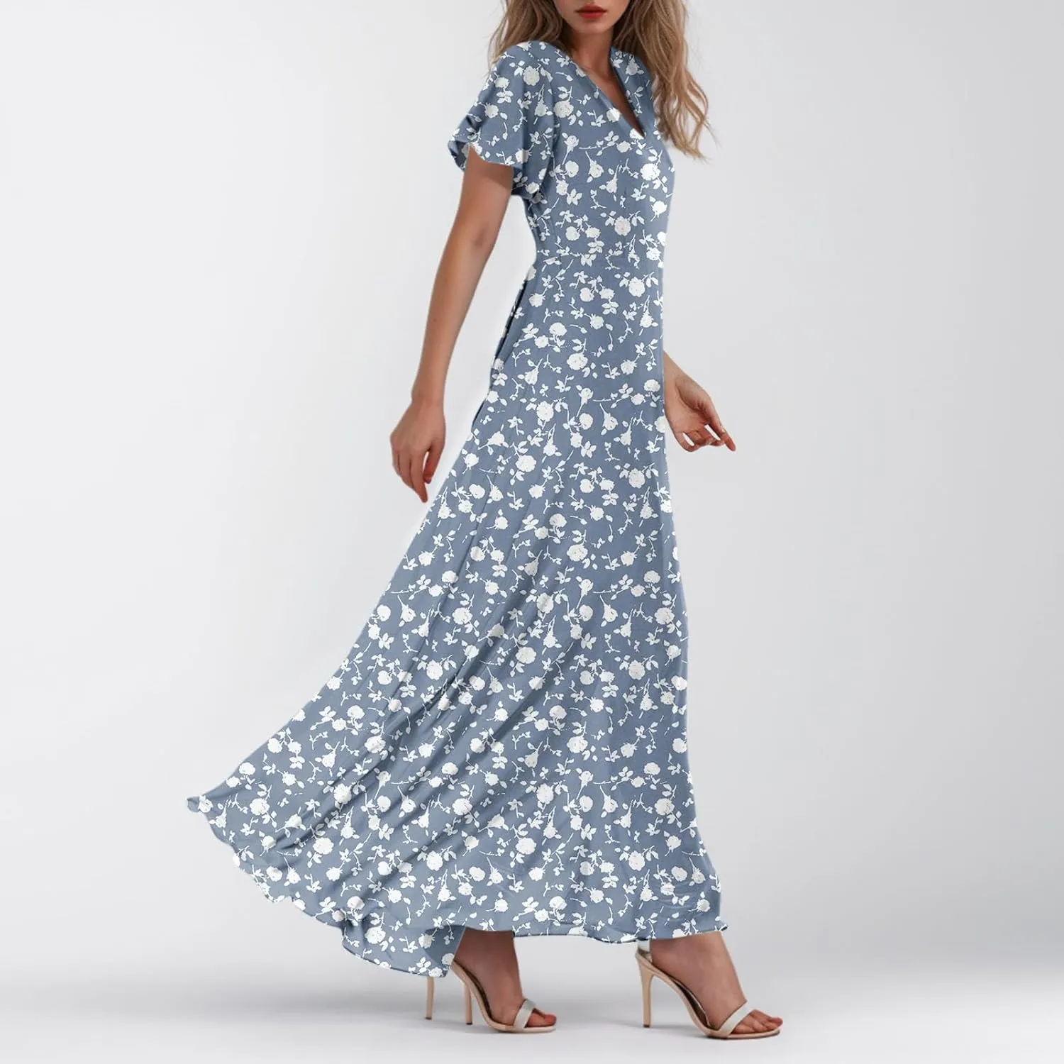 Women's Summer Wrap V Neck Long Maxi Dress Casual Boho Floral V Neck Short Sleeve Split Ladies Bohemian Dresses