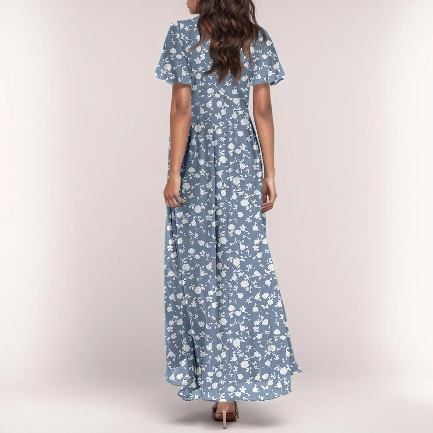 Women's Summer Wrap V Neck Long Maxi Dress Casual Boho Floral V Neck Short Sleeve Split Ladies Bohemian Dresses