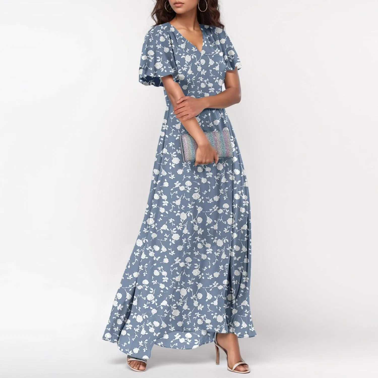 Women's Summer Wrap V Neck Long Maxi Dress Casual Boho Floral V Neck Short Sleeve Split Ladies Bohemian Dresses